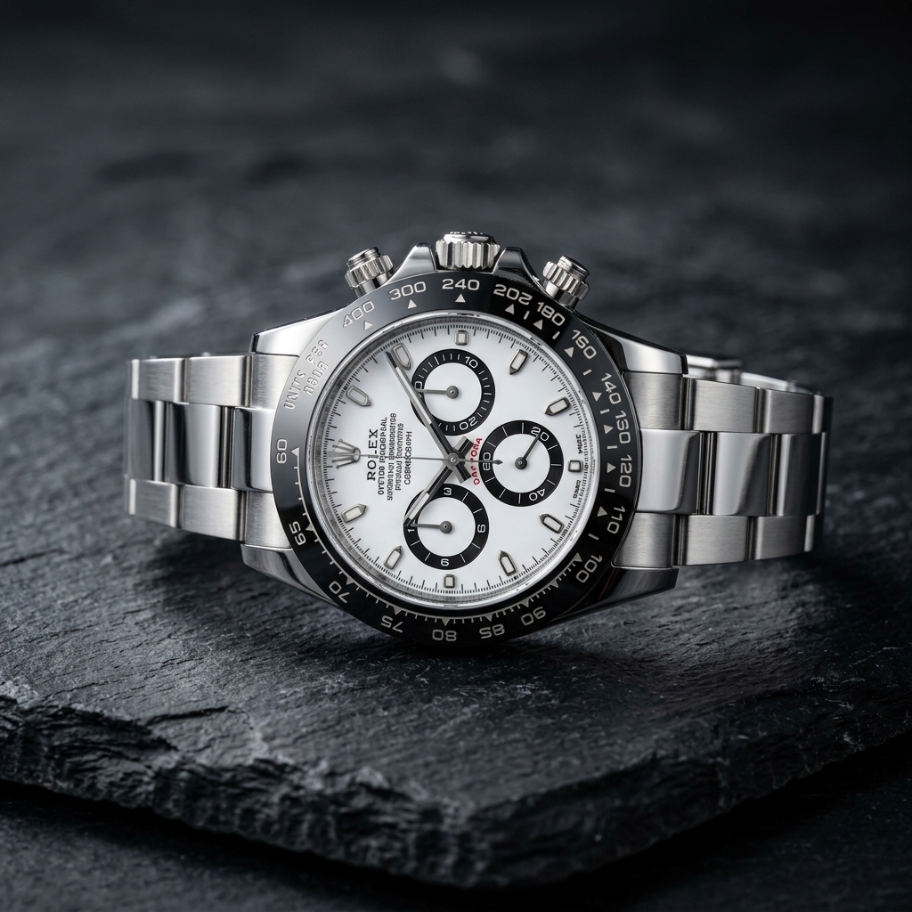 A luxury chronograph wristwatch with black sub-dials
